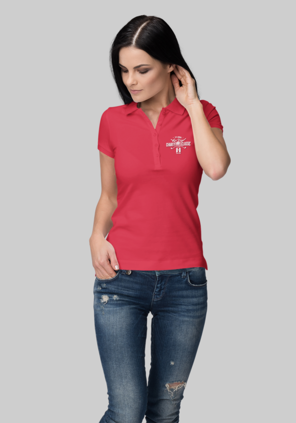 LVCC womens red polo shirt mockup